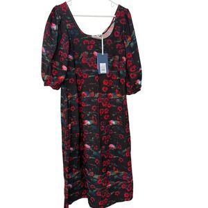 Rachel Comey Dress Sz 8 Black Red Floral Puff Sleeve Midi Target Collab Cottage